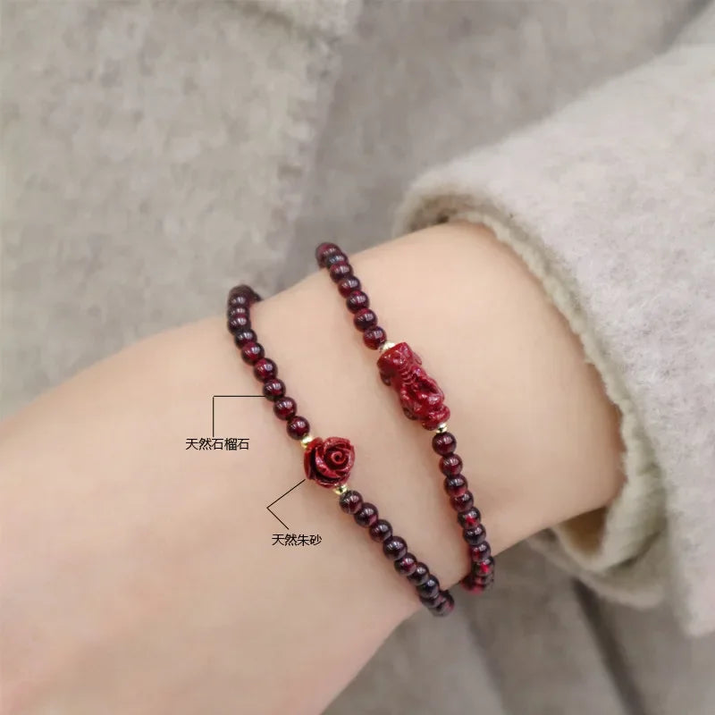 New Flower/Brave Troops/Calf/Lucky Beads Cinnabar Small Natural Garnet Slim Beaded Bracelets for Women Fine Jewelry YBR531